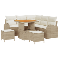 Set di Divani da Giardino da 8 Pezzi con Cuscini Beige in Rattan Sintetico e Acacia