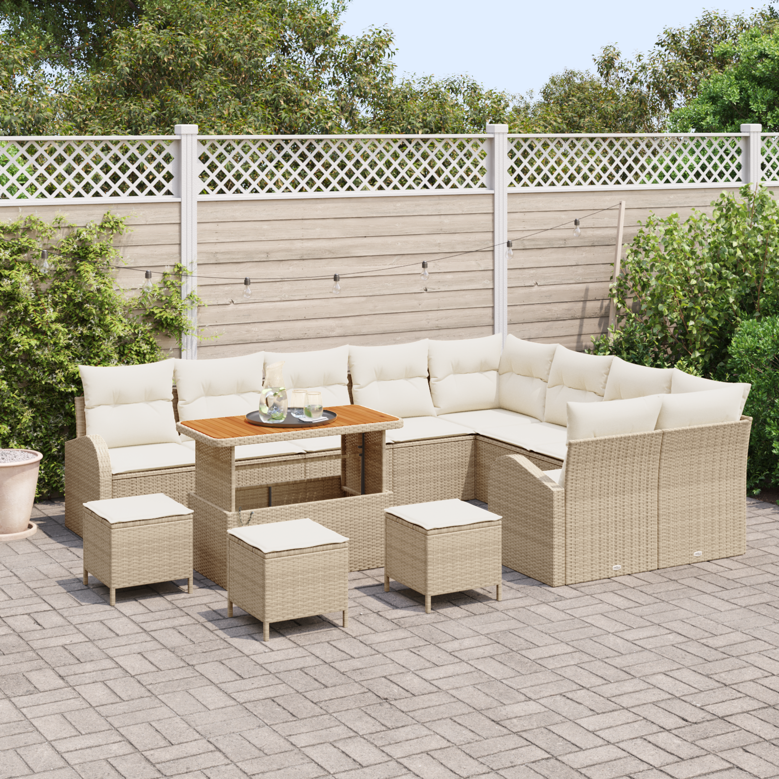 Set Divano da Giardino da 13 Pezzi con Cuscini Beige Polirattan Acacia