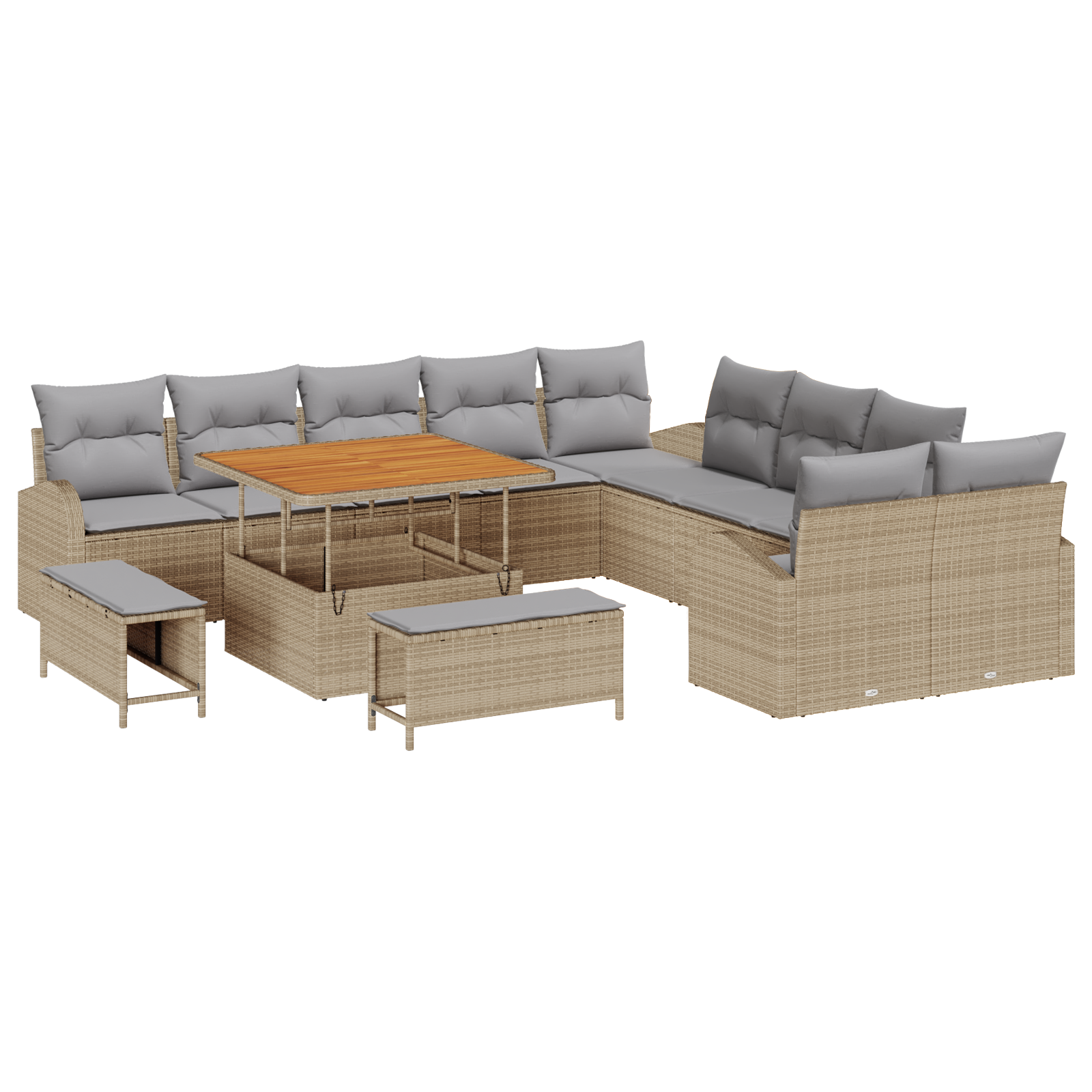 Set Divano da Giardino da 13 Pezzi con Cuscini Beige Polyrattan Acacia