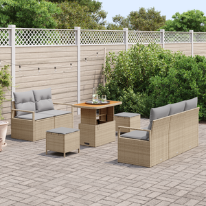 Set di Sofà da Giardino da 8 Pezzi con Cuscini Rattan Poliestere Beige Acacia