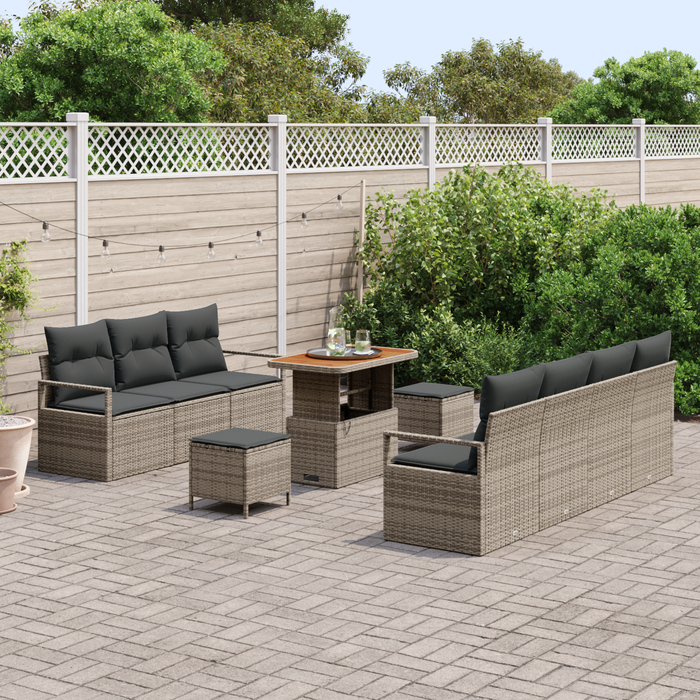Set di Divani da Giardino a 10 Pezzi con Cuscini Grigi Polyrattan Acacia