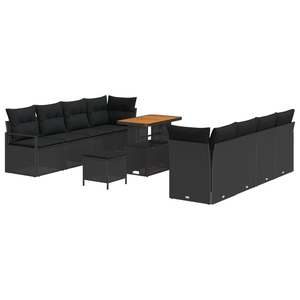 Set Divano da Giardino  a 11 Pezzi con Cuscini Rattan Polietilene Nero Acacia