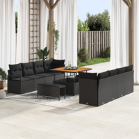 Set di Sofà da Giardino 11 Pezzi con Cuscini Polyrattan Nero Acacia