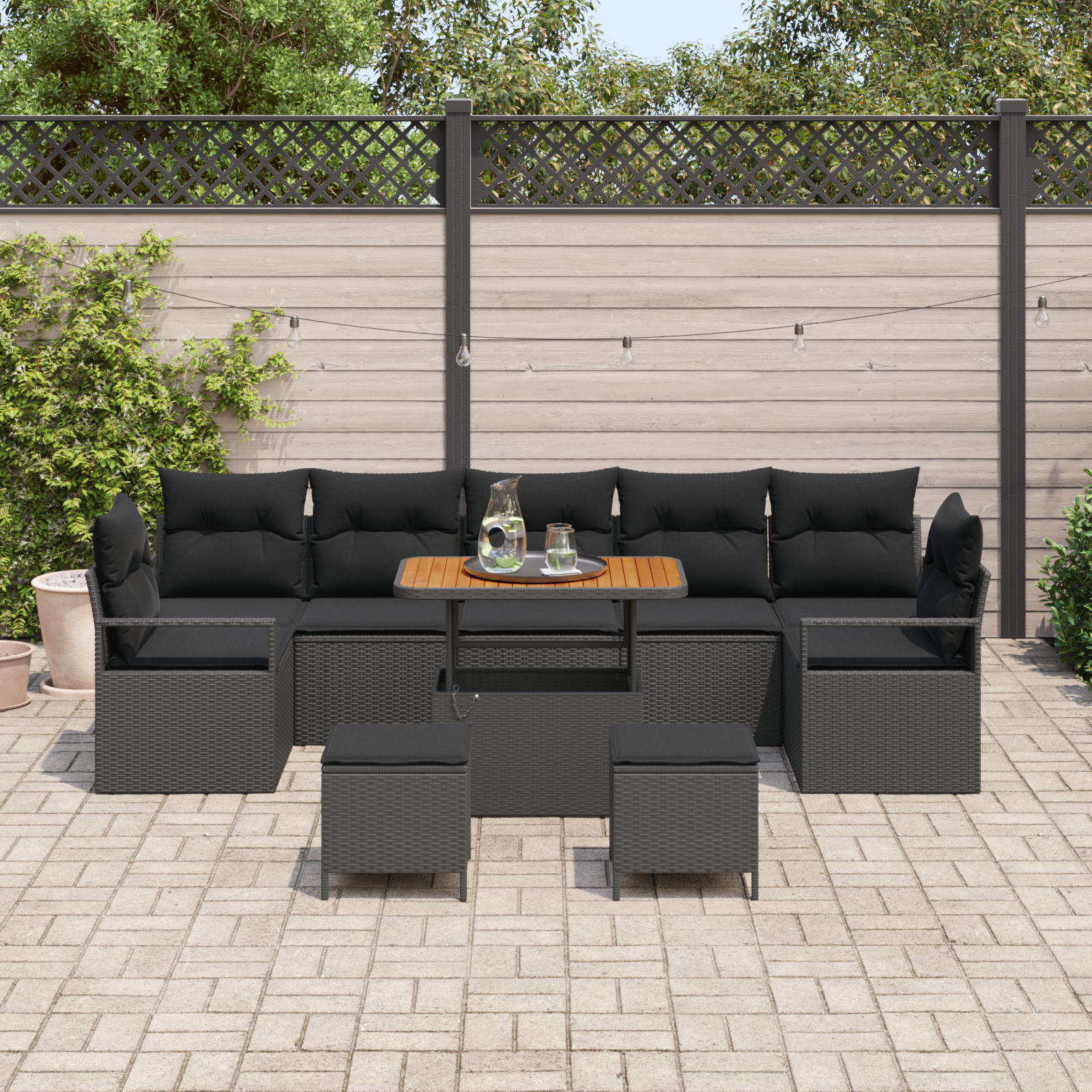 Set di divani da giardino in 10 pezzi con cuscini, nero, polyrattan, acacia