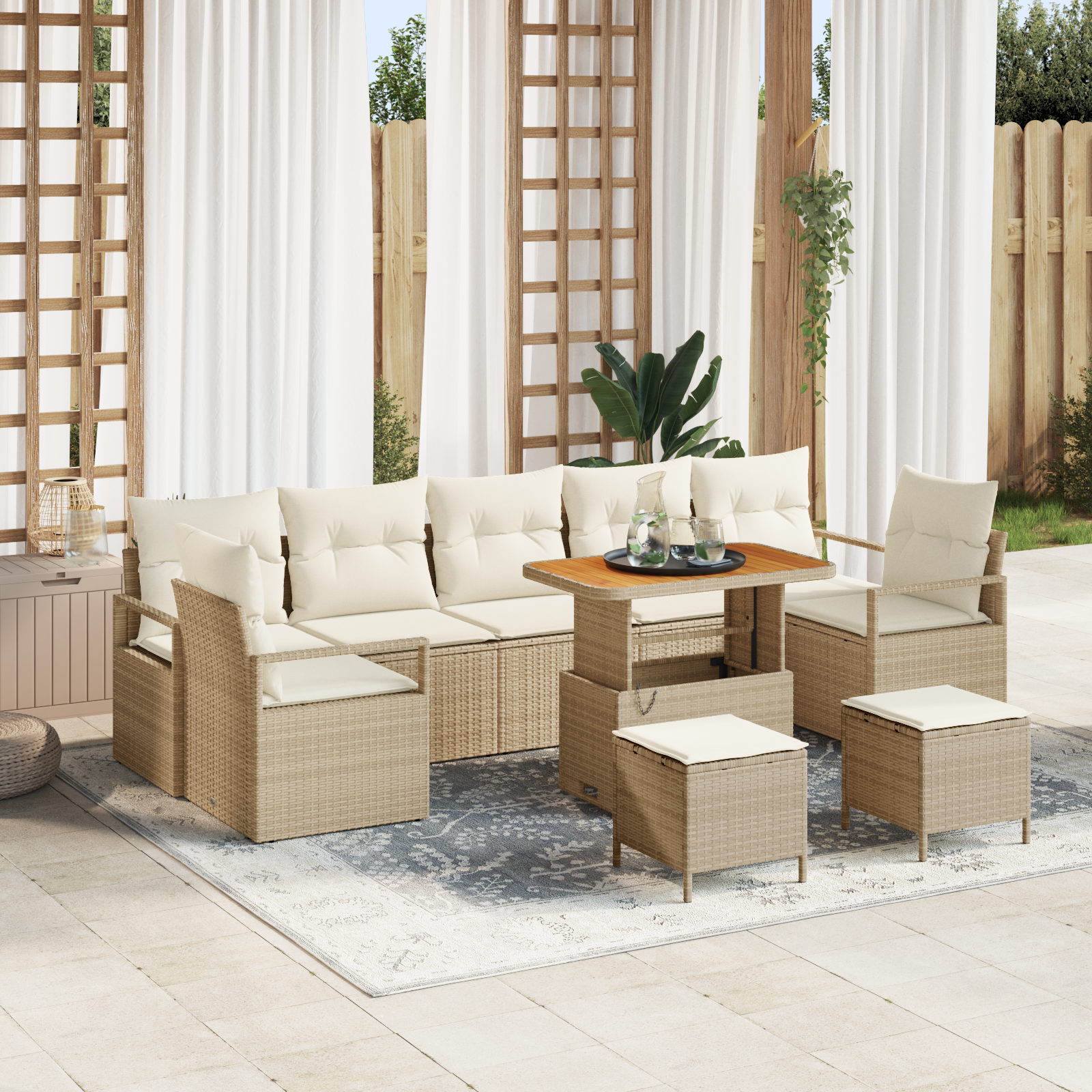 Set di divani da giardino da 10 pezzi con cuscini beige in polyrattan e acacia