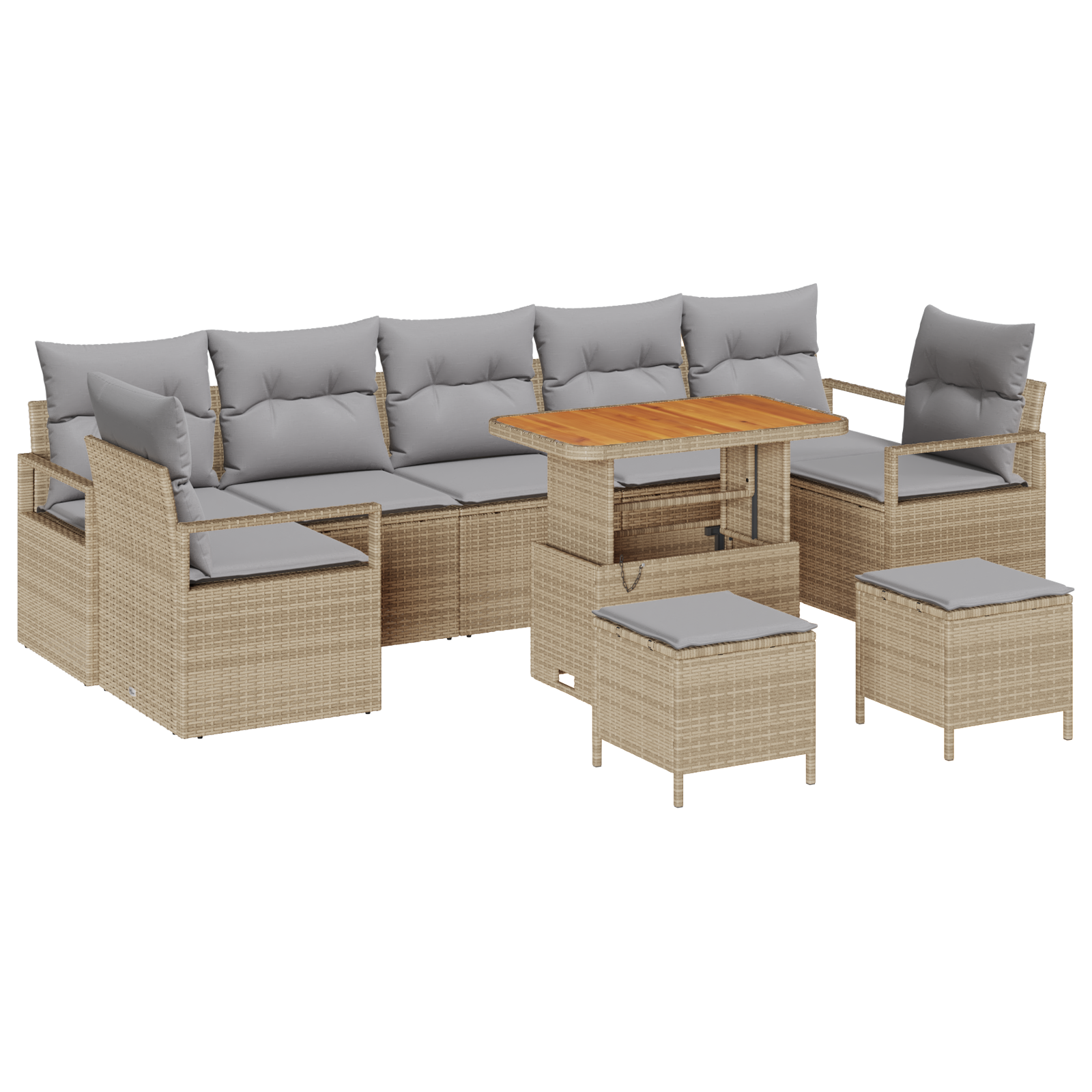 Set di Divano da Giardino da 10 Pezzi con Cuscini Beige in Polyrattan Acacia
