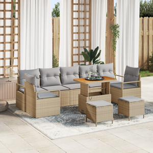 Set di Divano da Giardino da 10 Pezzi con Cuscini Beige in Polyrattan Acacia