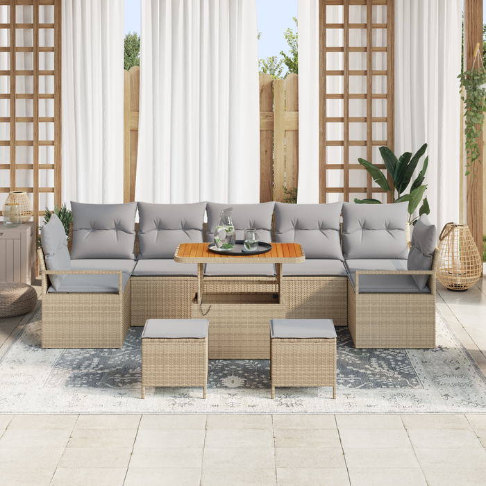 Set di Divano da Giardino da 10 Pezzi con Cuscini Beige in Polyrattan Acacia