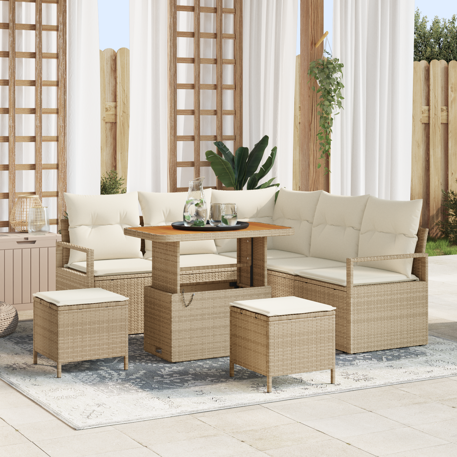 Set divani giardino  8 pezzi con cuscini beige polyrattan acacia