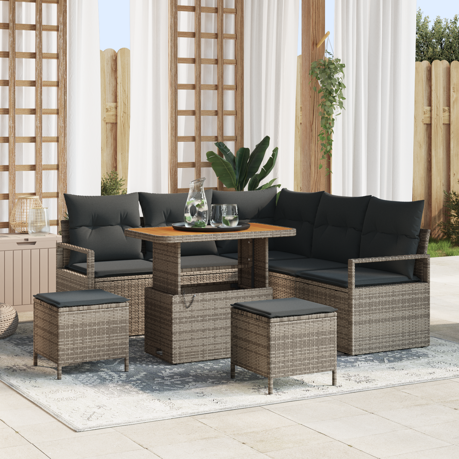 Set di Divani da Giardino  8 Pezzi con Cuscini Grigio Rattan Poliestere Acacia