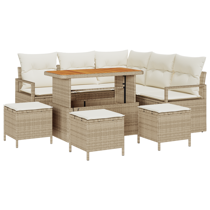 Set Divano Giardino  9 Pezzi con Cuscini Beige Polirattan Acacia