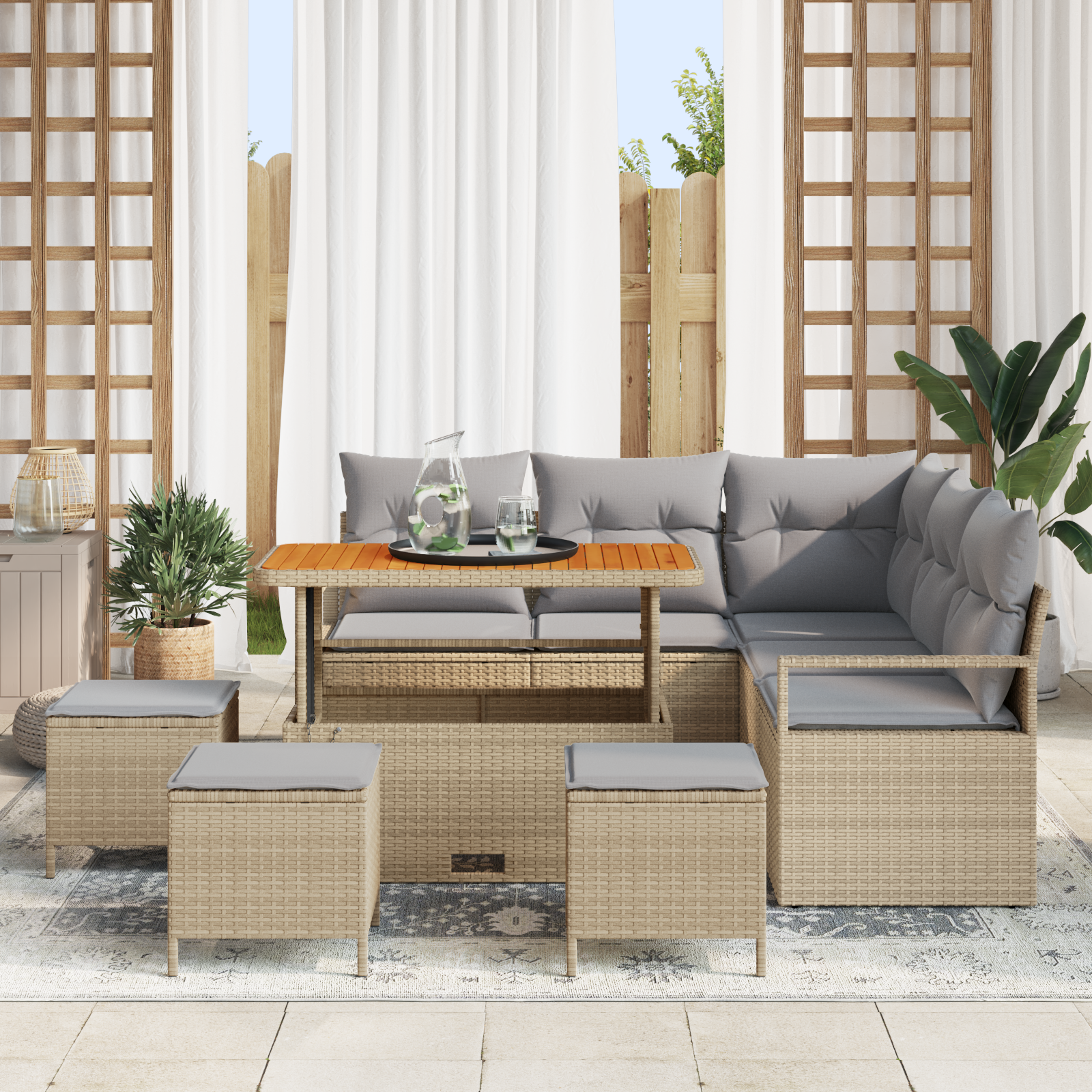 Set di Divani da Giardino  9 Pezzi con Cuscini Beige Polyrattan Acacia