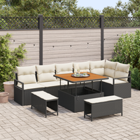 Set di divani da giardino 9 pezzi con cuscini nero polyrattan acacia