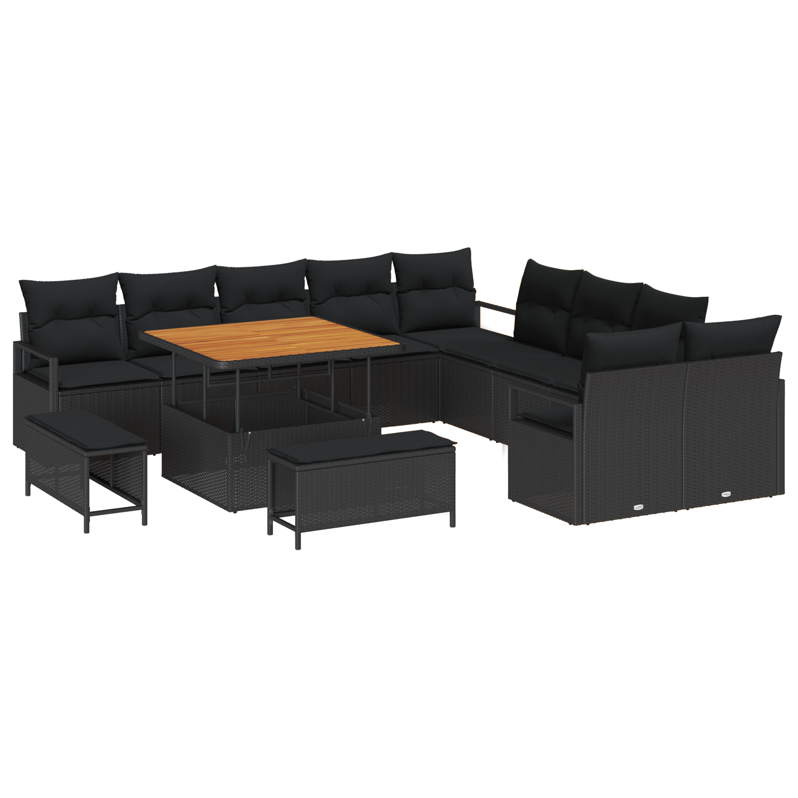 Set da Giardino in 13 Pezzi con Cuscini Rattan Poliattilico Nero e Acacia