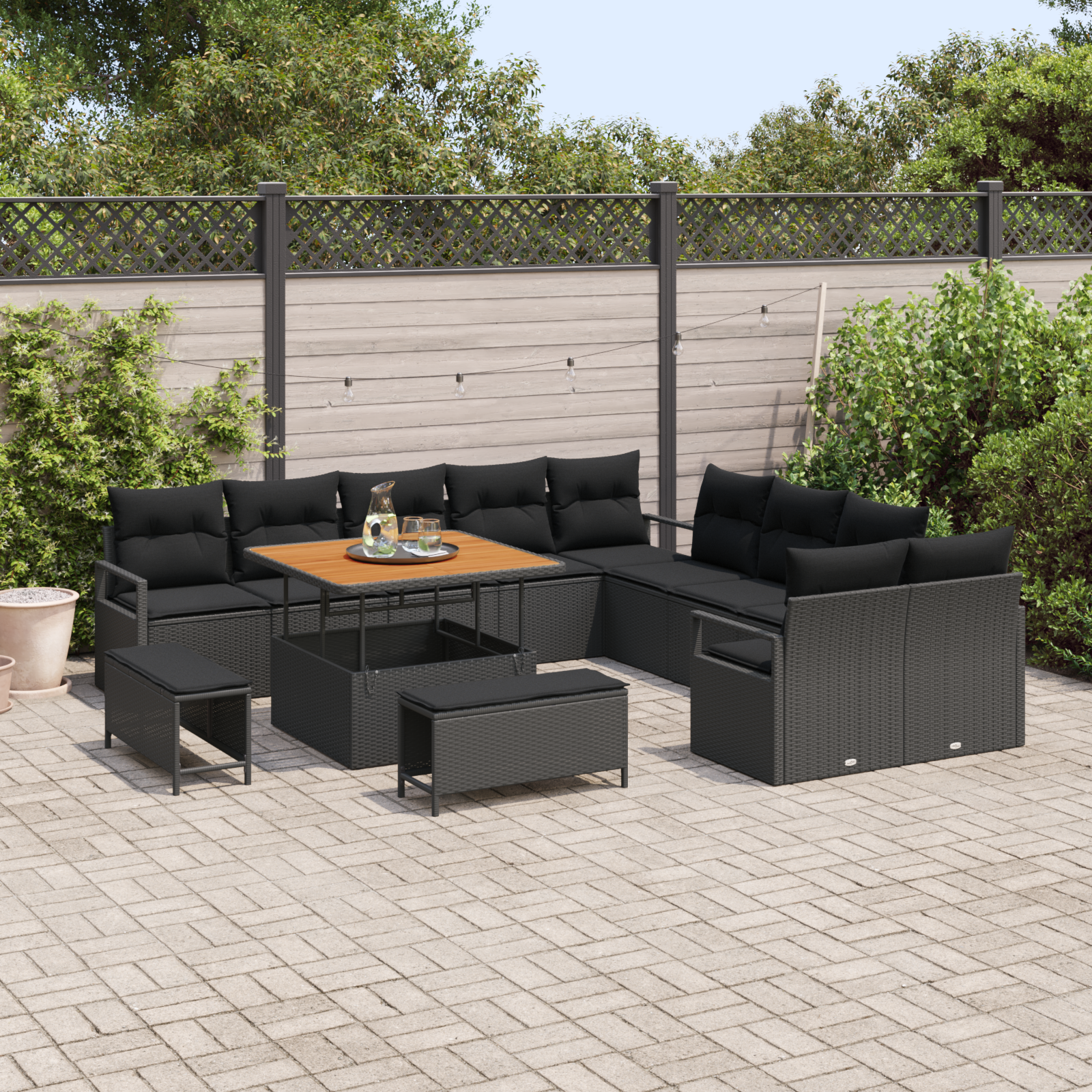Set da Giardino in 13 Pezzi con Cuscini Rattan Poliattilico Nero e Acacia