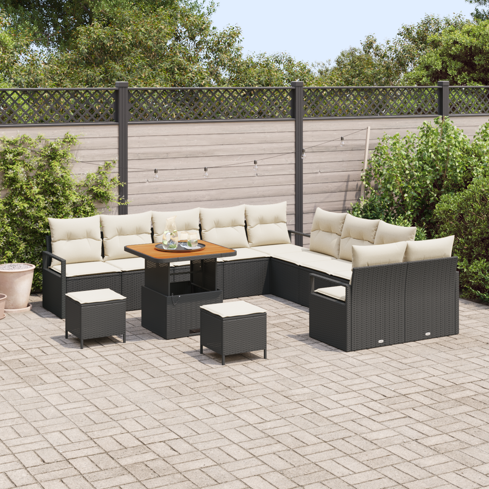 Set di Divani da Giardino 13 Pezzi con Cuscini Nero Polyrattan Acacia