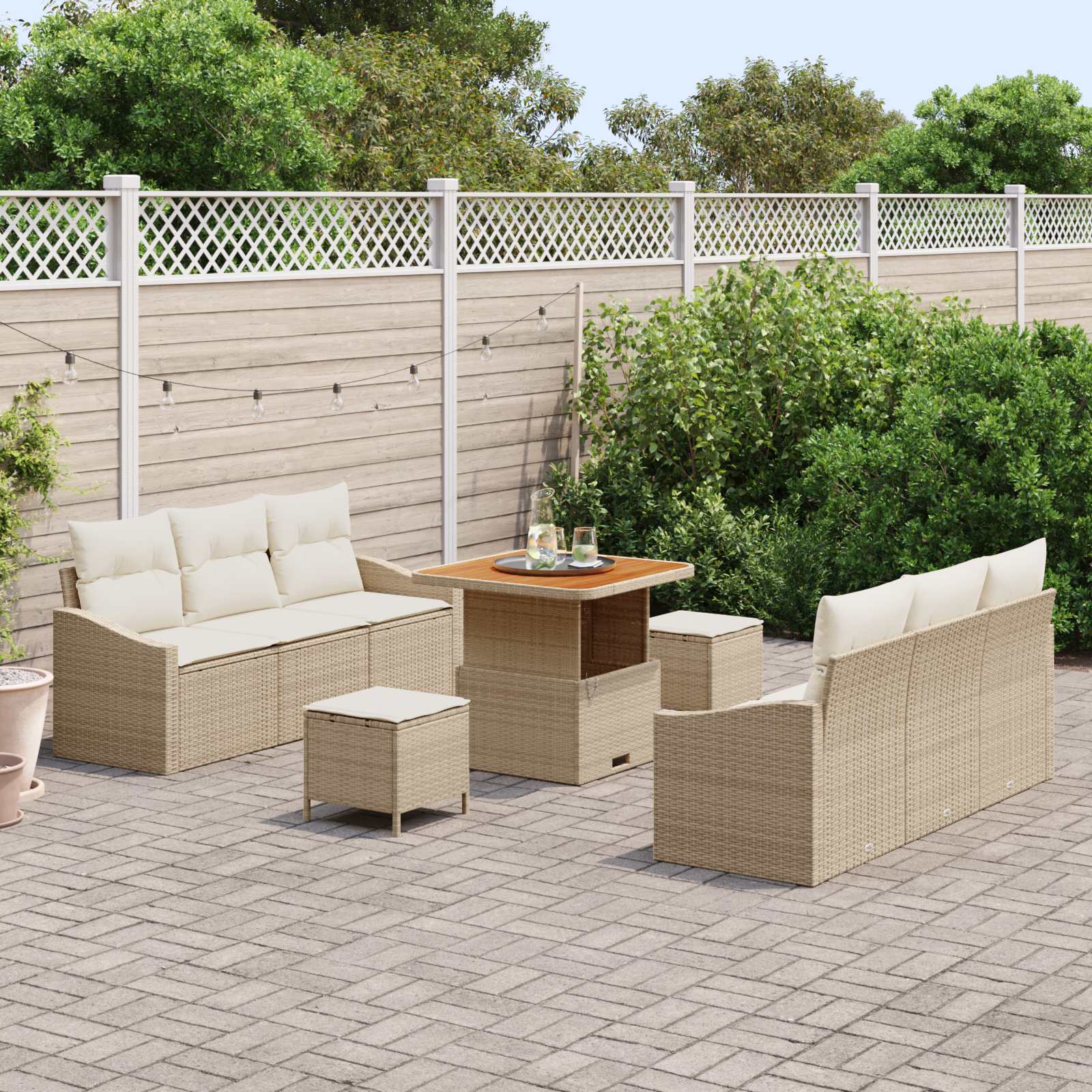 Set di Divani da Giardino  da 9 Pezzi con Cuscini Beige Polyrattan Acacia