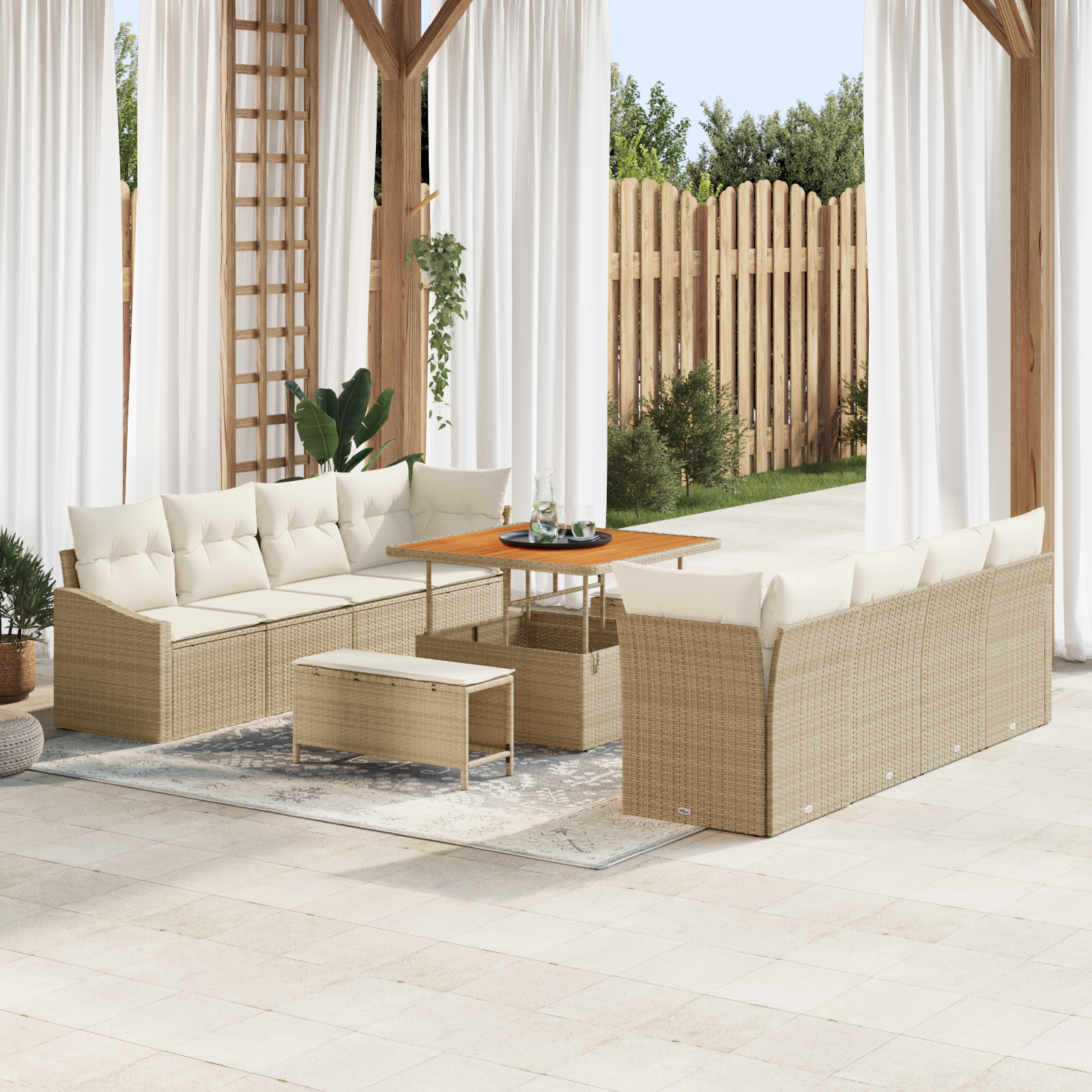 Set di Sofà da Giardino a 11 Pezzi con Cuscini Beige in Polyrattan Acacia