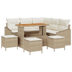 Set di Divani da Giardino 9 Pezzi con Cuscini Beige in Rattan Poly Acacia