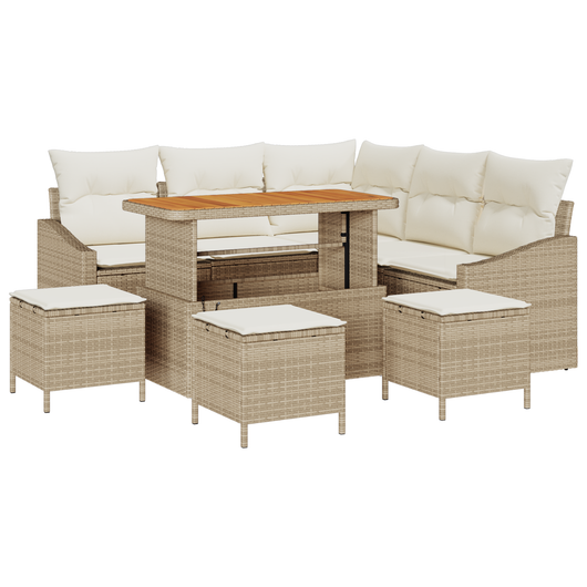Set di Divani da Giardino 9 Pezzi con Cuscini Beige in Rattan Poly Acacia