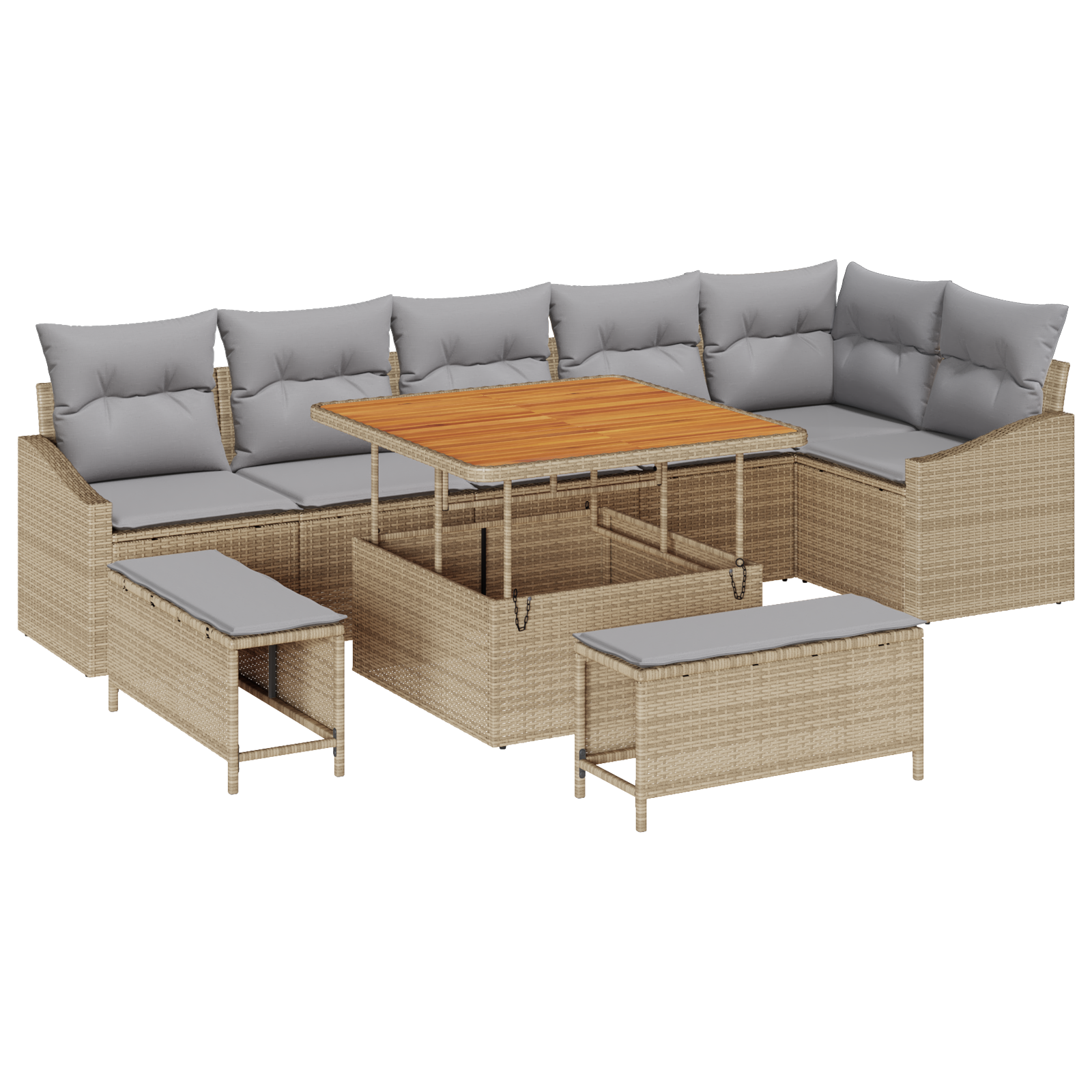 Set Divano da Giardino 9 Pezzi con Cuscini Beige Polyrattan Acacia