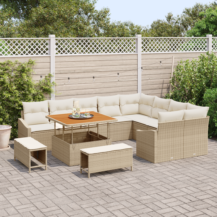 Set 12 Pezzi Divani Giardino con Cuscini Rattan Beige Poliestere Acacia