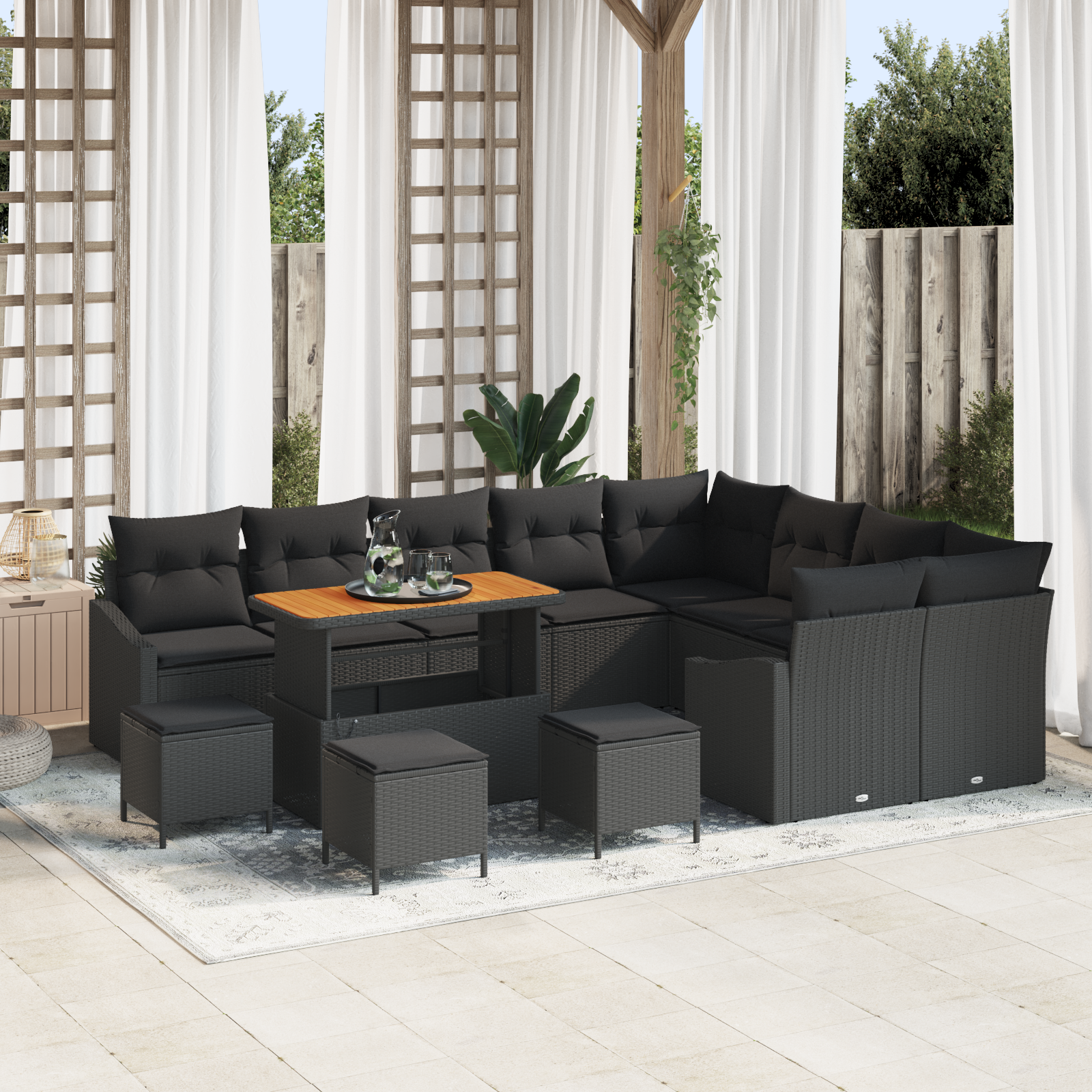 Set di Sofà da Giardino 13 Pezzi con Cuscini Nero Polyrattan Acacia