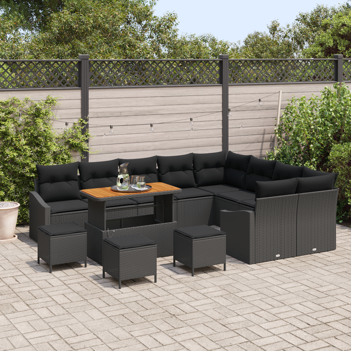 Set di Sofà da Giardino 13 Pezzi con Cuscini Nero Polyrattan Acacia