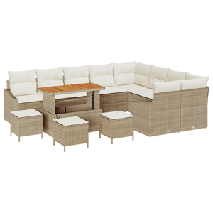 Set Divano da Giardino 13 Pezzi con Cuscini Beige Polyrattan Acacia