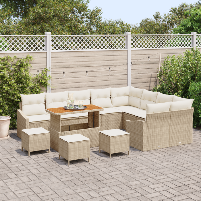 Set Divano da Giardino 13 Pezzi con Cuscini Beige Polyrattan Acacia