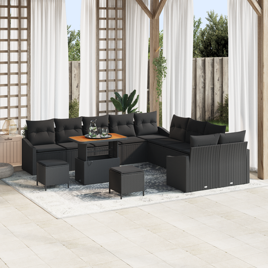 Set di sofà da giardino  13 pezzi con cuscini neri in polyrattan e acacia