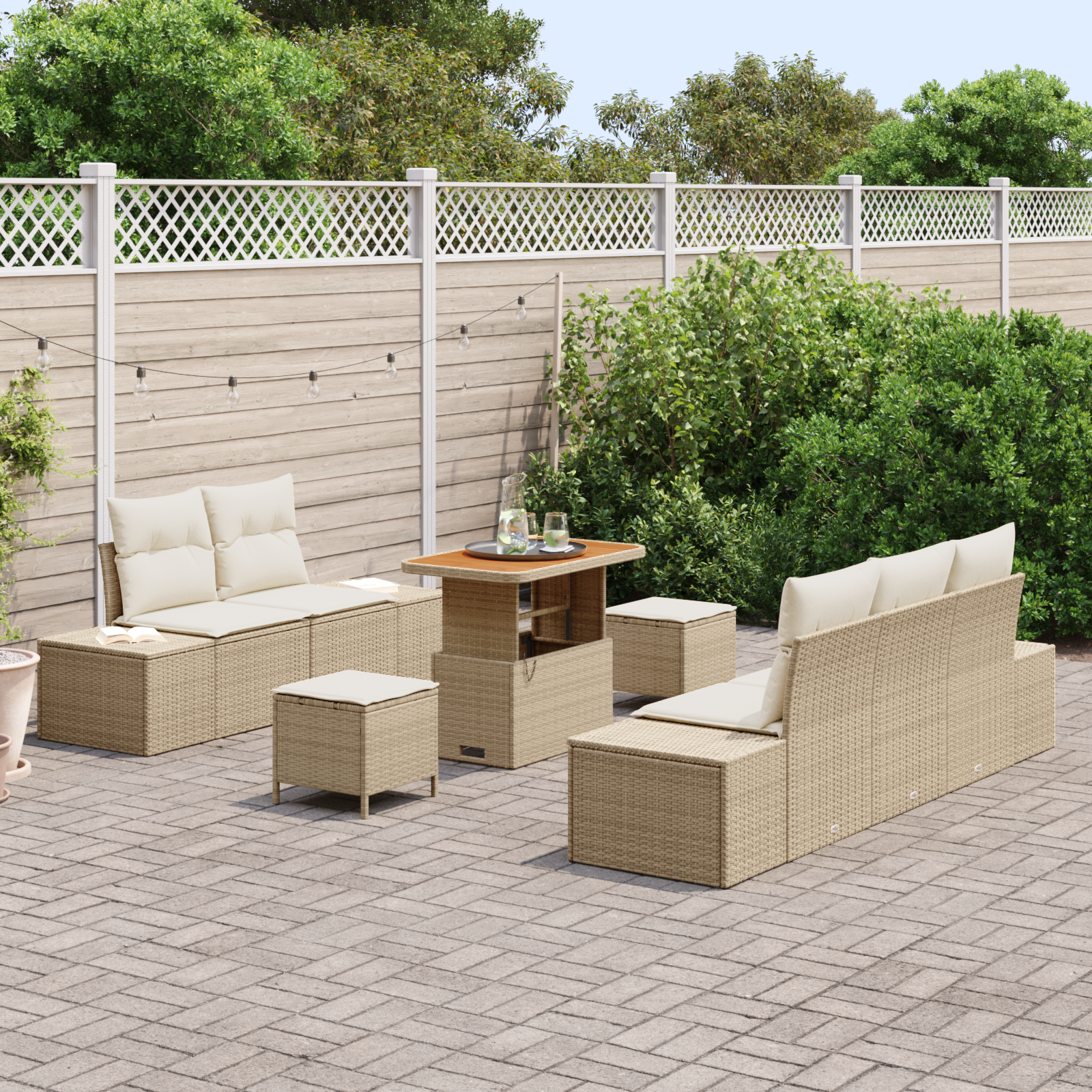 Set da Giardino  8 Pezzi con Cuscini Beige in Polyrattan e Acacia