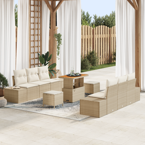 Set Divano da Giardino 9 Pezzi con Cuscini Beige Polyrattan Acacia