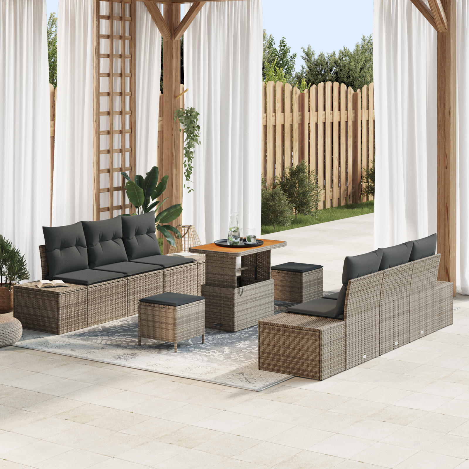 Set Divano Giardino 9 Pezzi con Cuscini Grigio Rattan Piatto Acacia