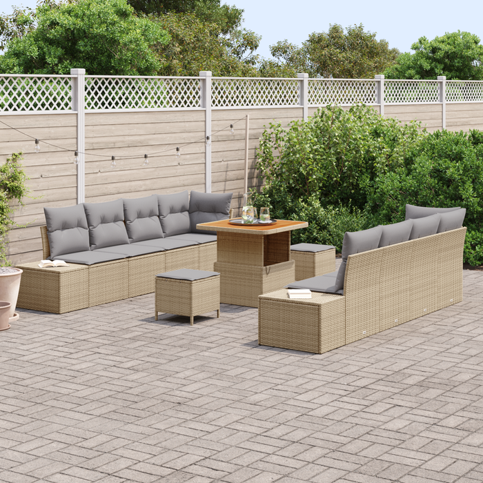 Set Divano da Giardino 11 Pezzi con Cuscini Beige Polyrattan Acacia