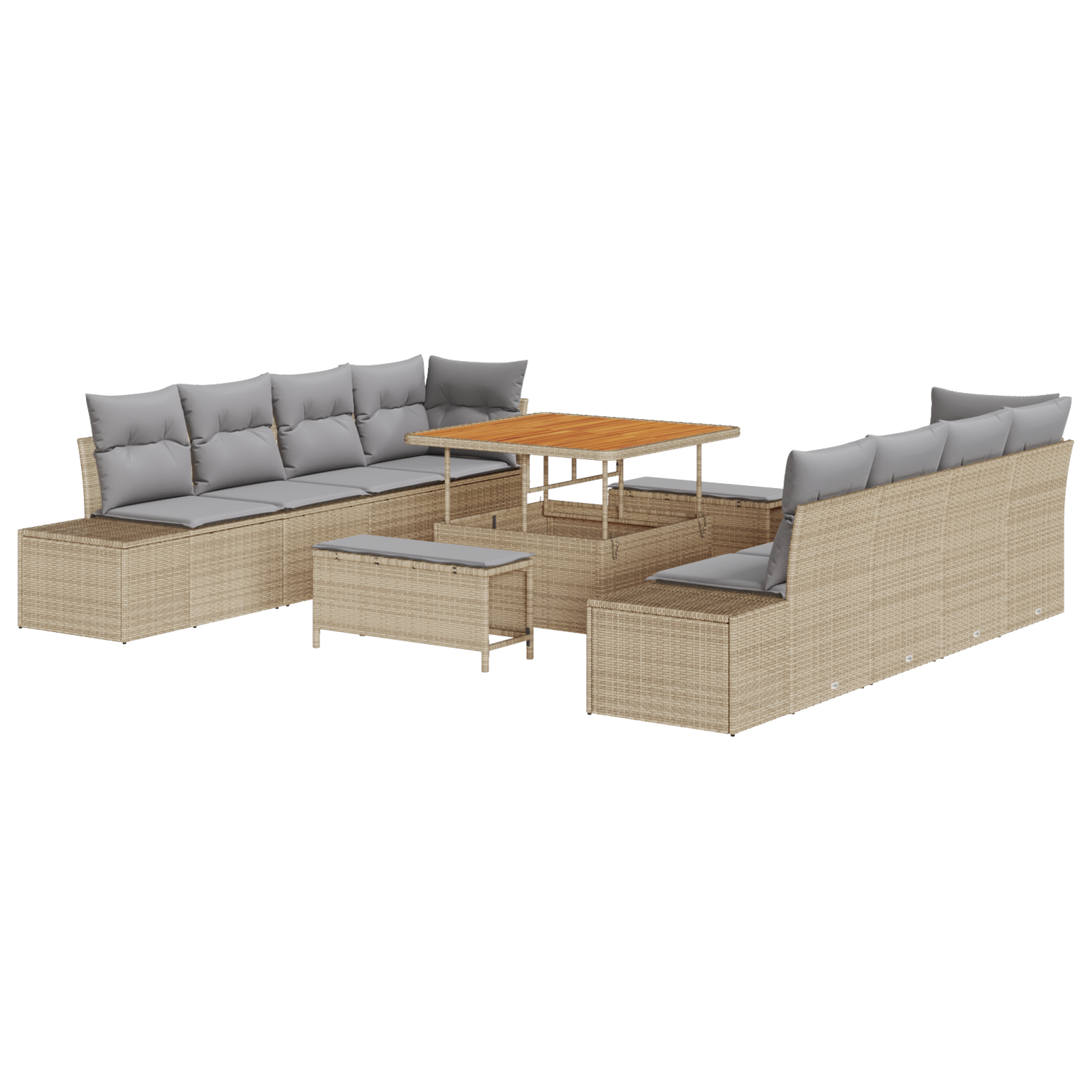 Set Divano da Giardino 11 Pezzi con Cuscini Beige Polyrattan Acacia