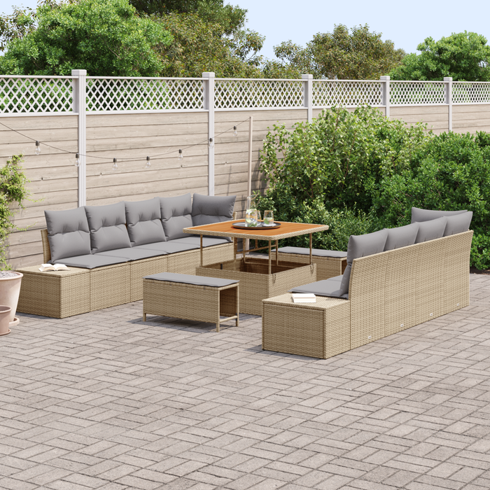 Set Divano da Giardino 11 Pezzi con Cuscini Beige Polyrattan Acacia