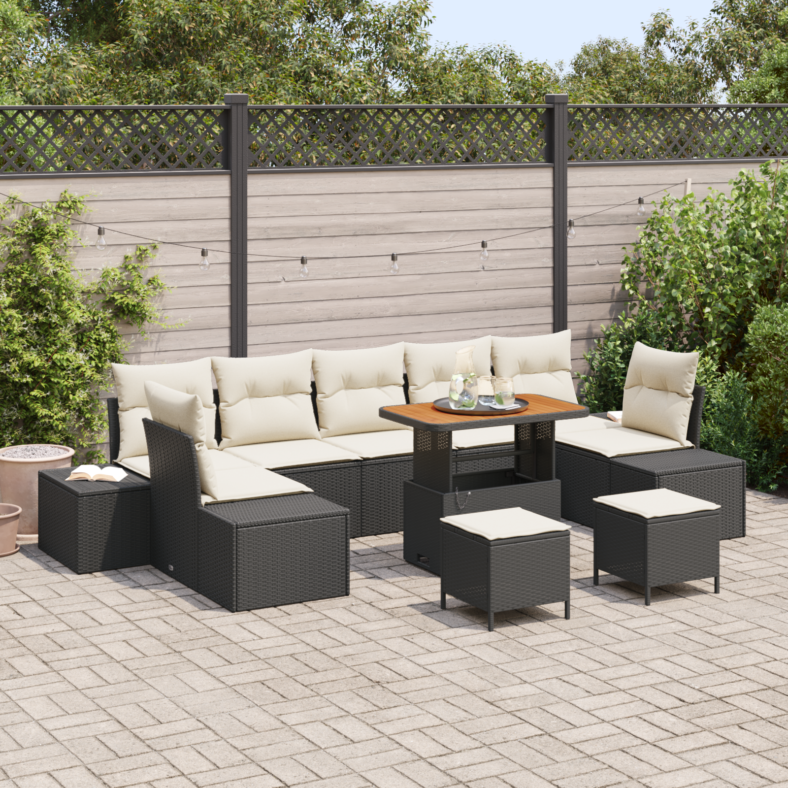 Set Divani Giardino 10 Pezzi con Cuscini Nero Polyrattan Acacia