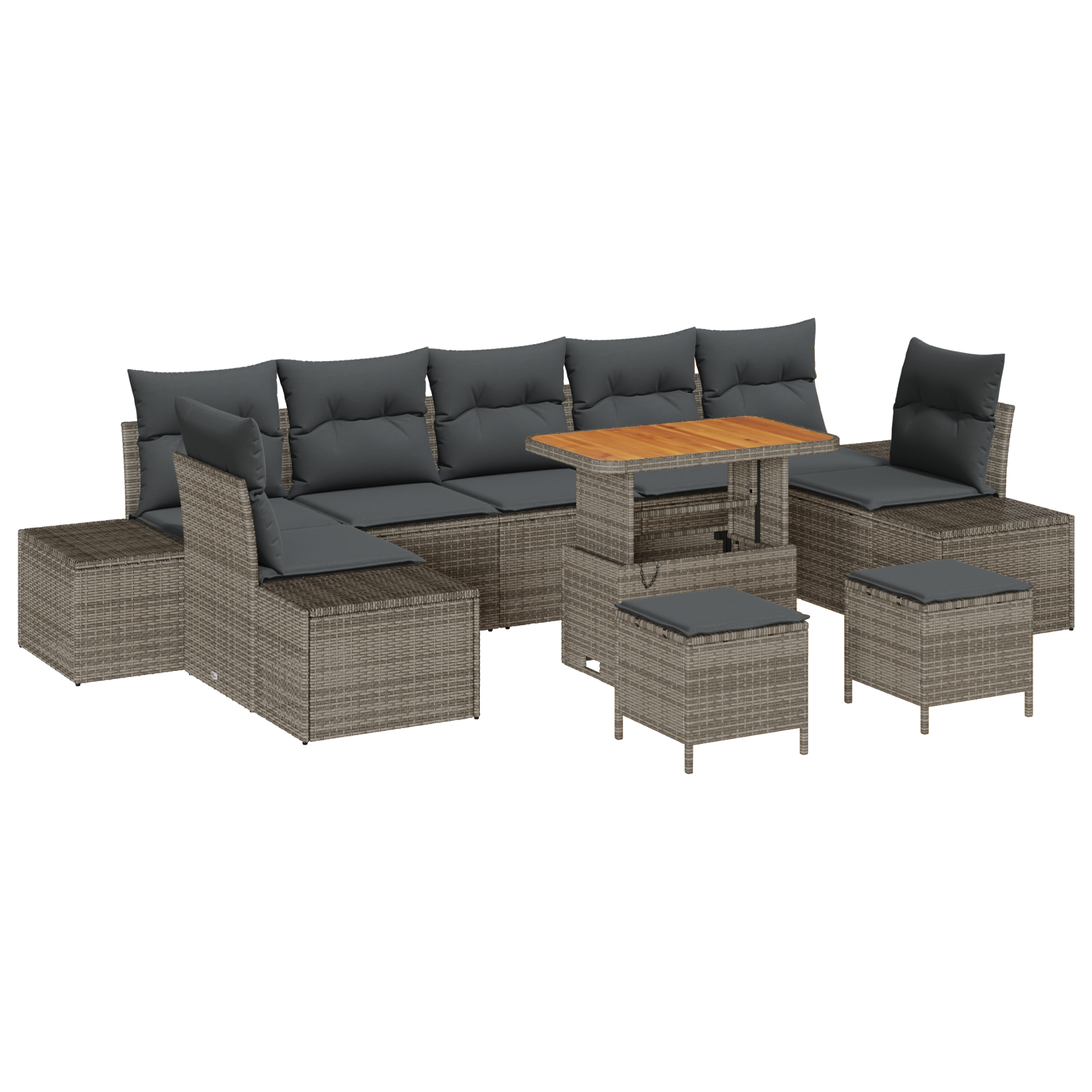 Set di Divani da Giardino 10 Pezzi con Cuscini Grigio Polyrattan Acacia
