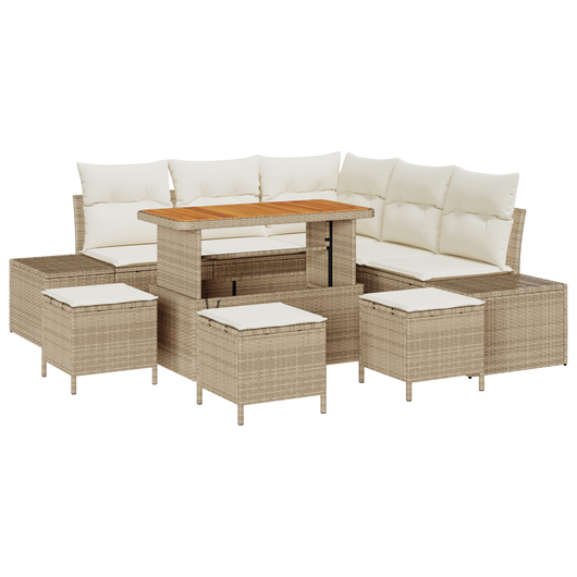 Set Divano da Giardino  9 Pezzi con Cuscini Beige Polyrattan Acacia