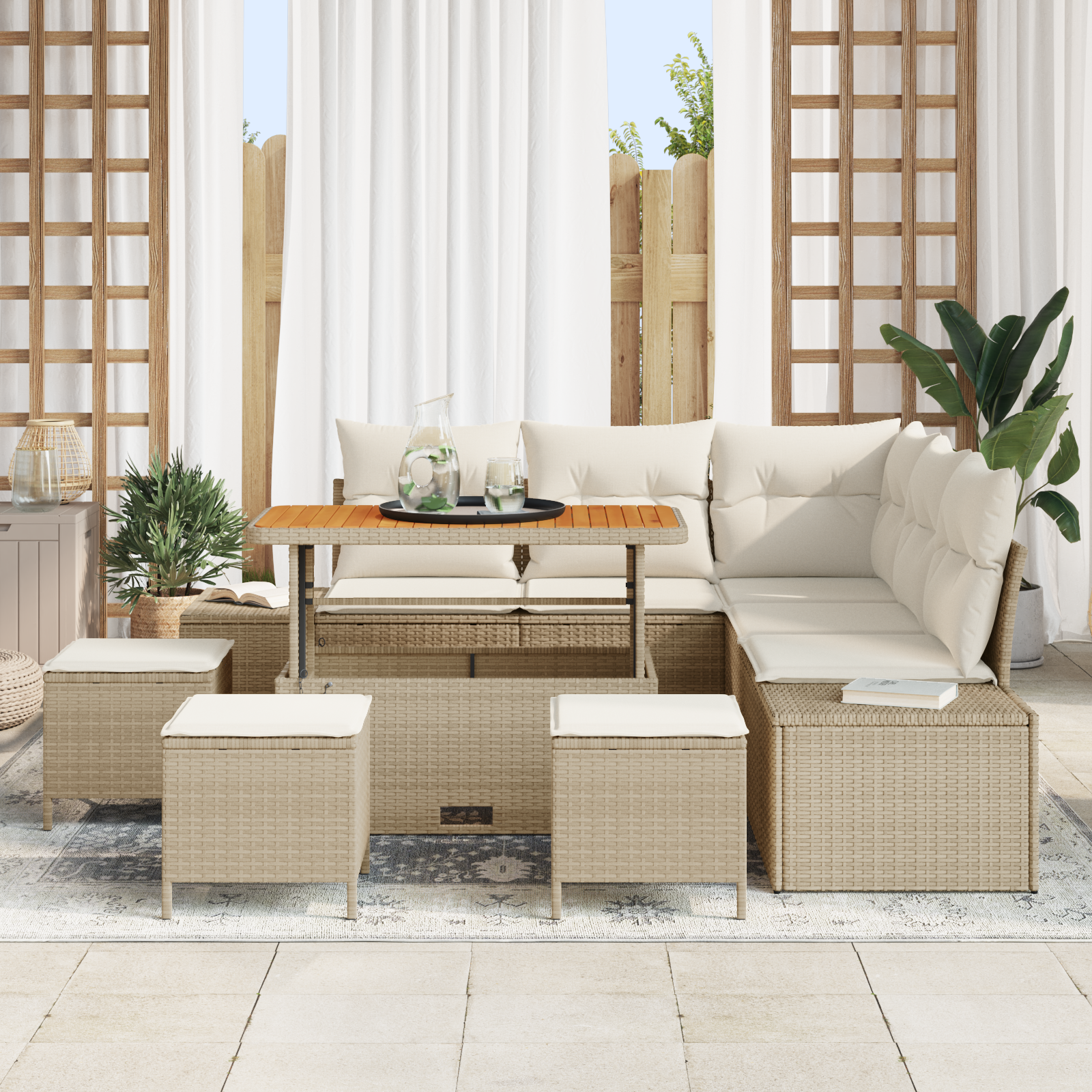 Set Divano da Giardino  9 Pezzi con Cuscini Beige Polyrattan Acacia