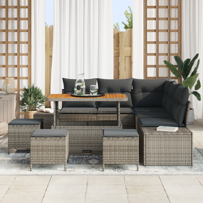 Set di Divani da Giardino 9 Pezzi con Cuscini Grigio Polirattan Acacia
