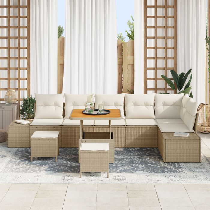 Set divani giardino  9 pezzi con cuscini Beige Polyrattan Acacia