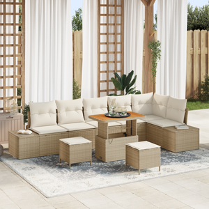 Set da Giardino a 9 Pezzi con Cuscini Beige Polyrattan Acacia