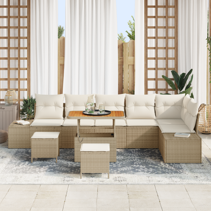 Set da Giardino a 9 Pezzi con Cuscini Beige Polyrattan Acacia