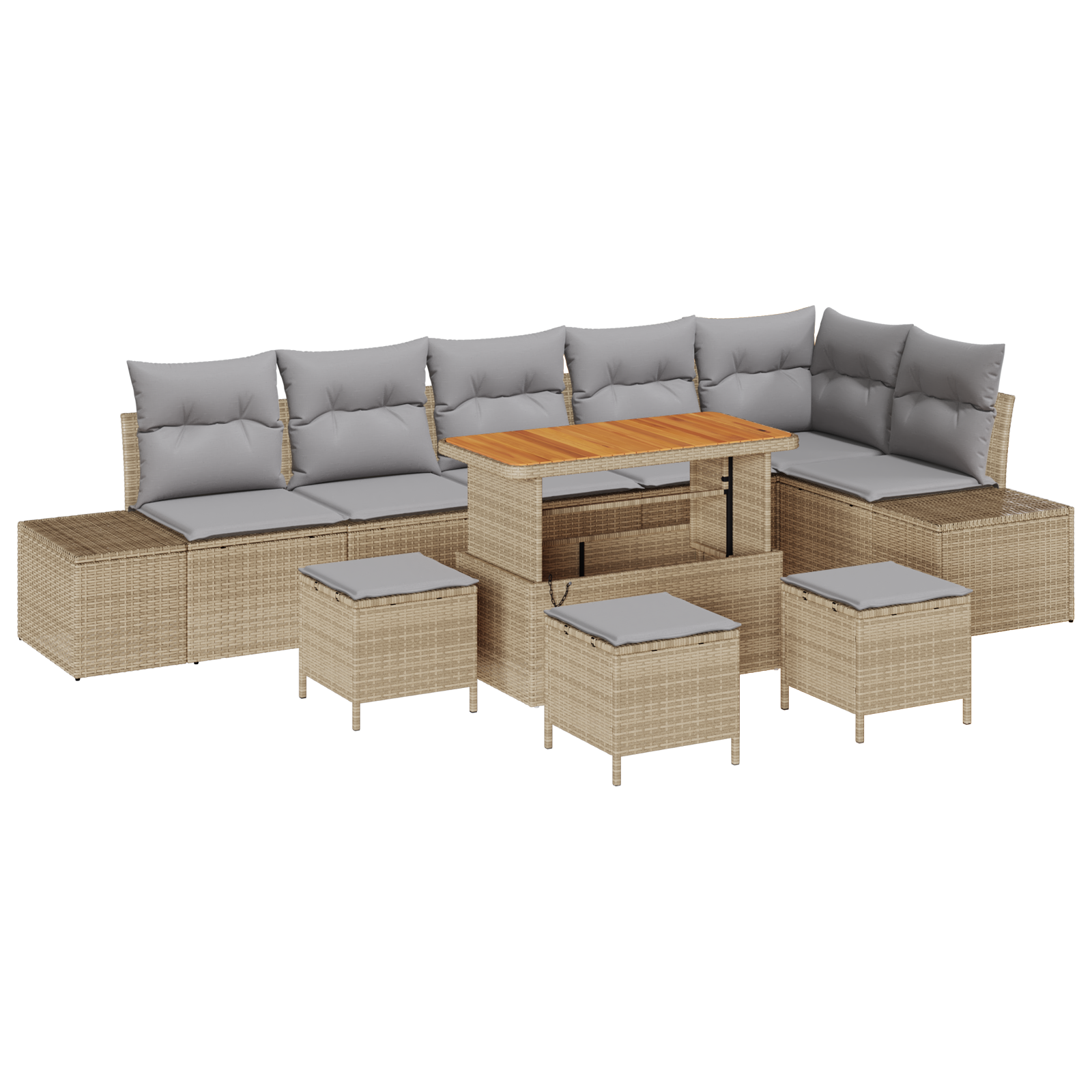 Set Divano da Giardino da 10 Pezzi con Cuscini Beigi Polyrattan Acacia