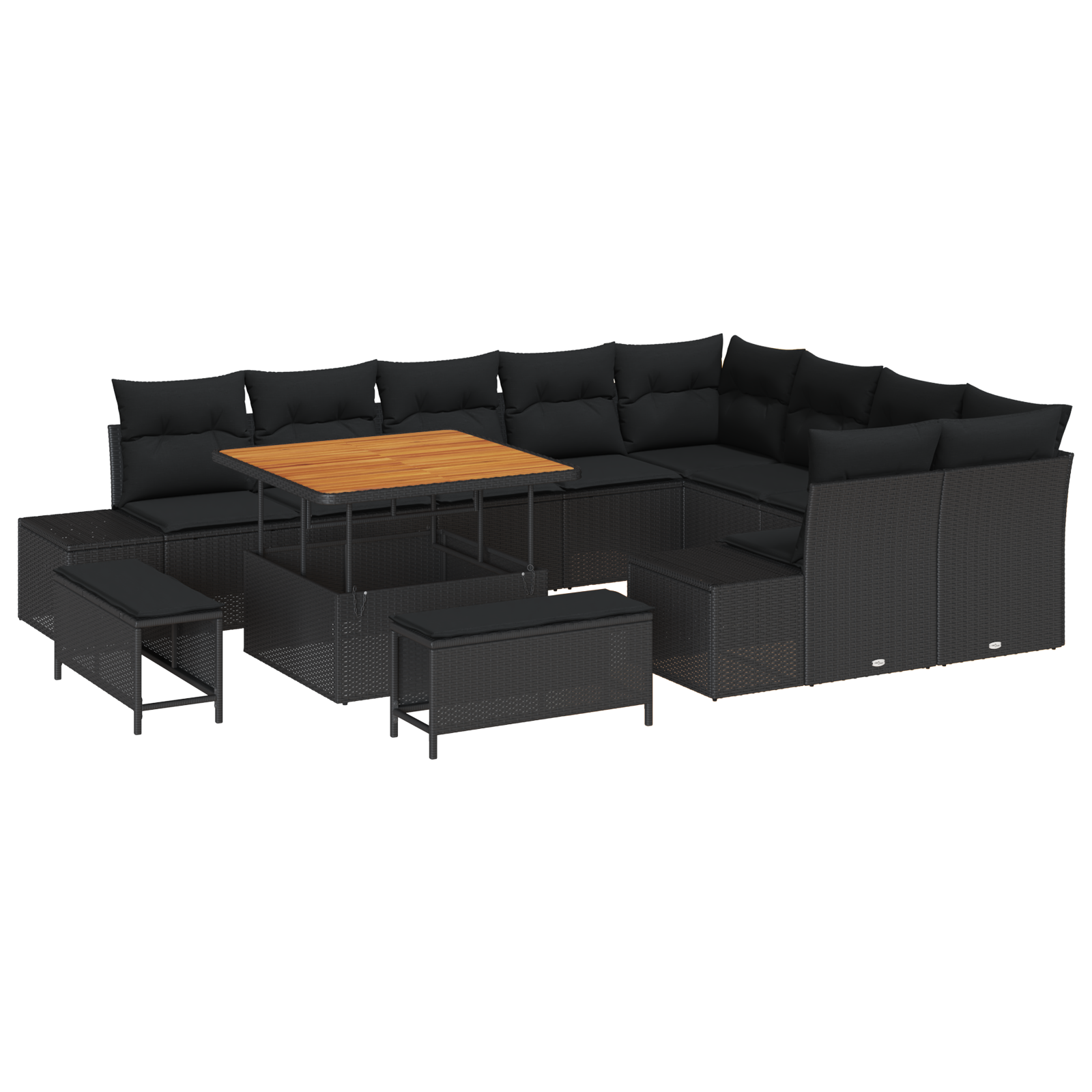 Set divano da giardino 12 pezzi con cuscini Nero Polyrattan Acacia