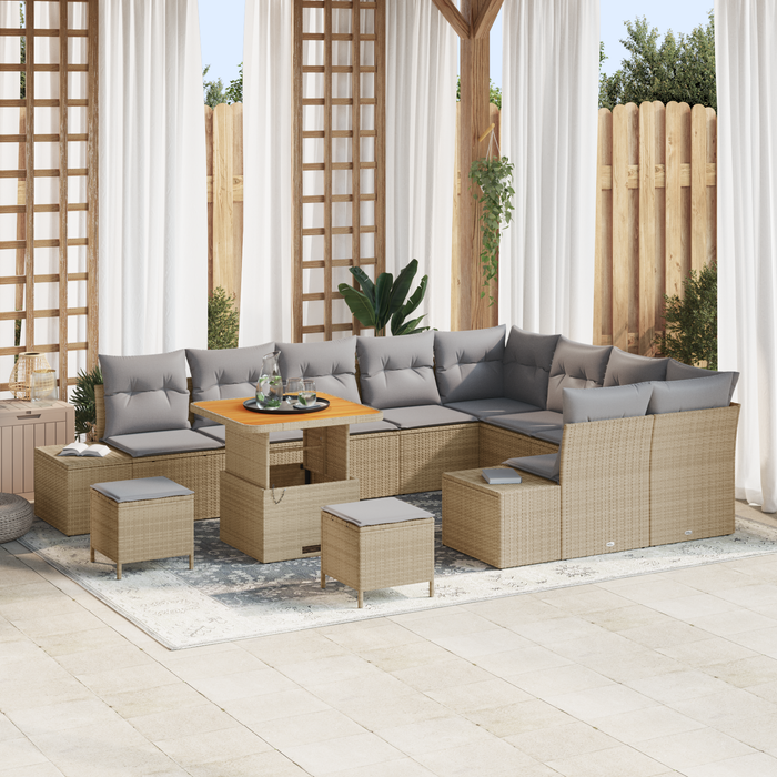 Set di Divano da Giardino da 12 Pezzi con Cuscini Polyrattan Beige Acacia