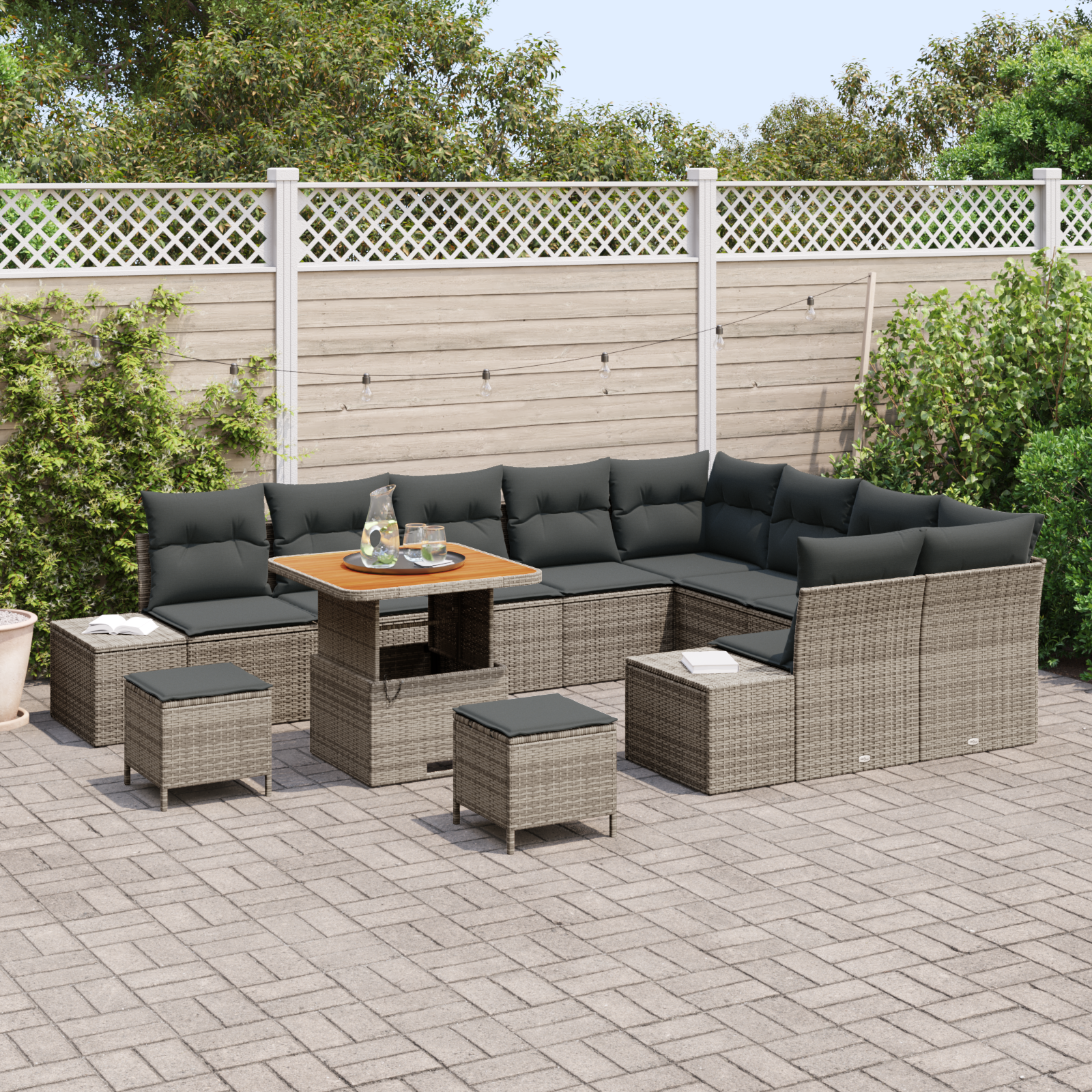 Set divani da giardino 12 pezzi con cuscini grigio in polyrattan e acacia