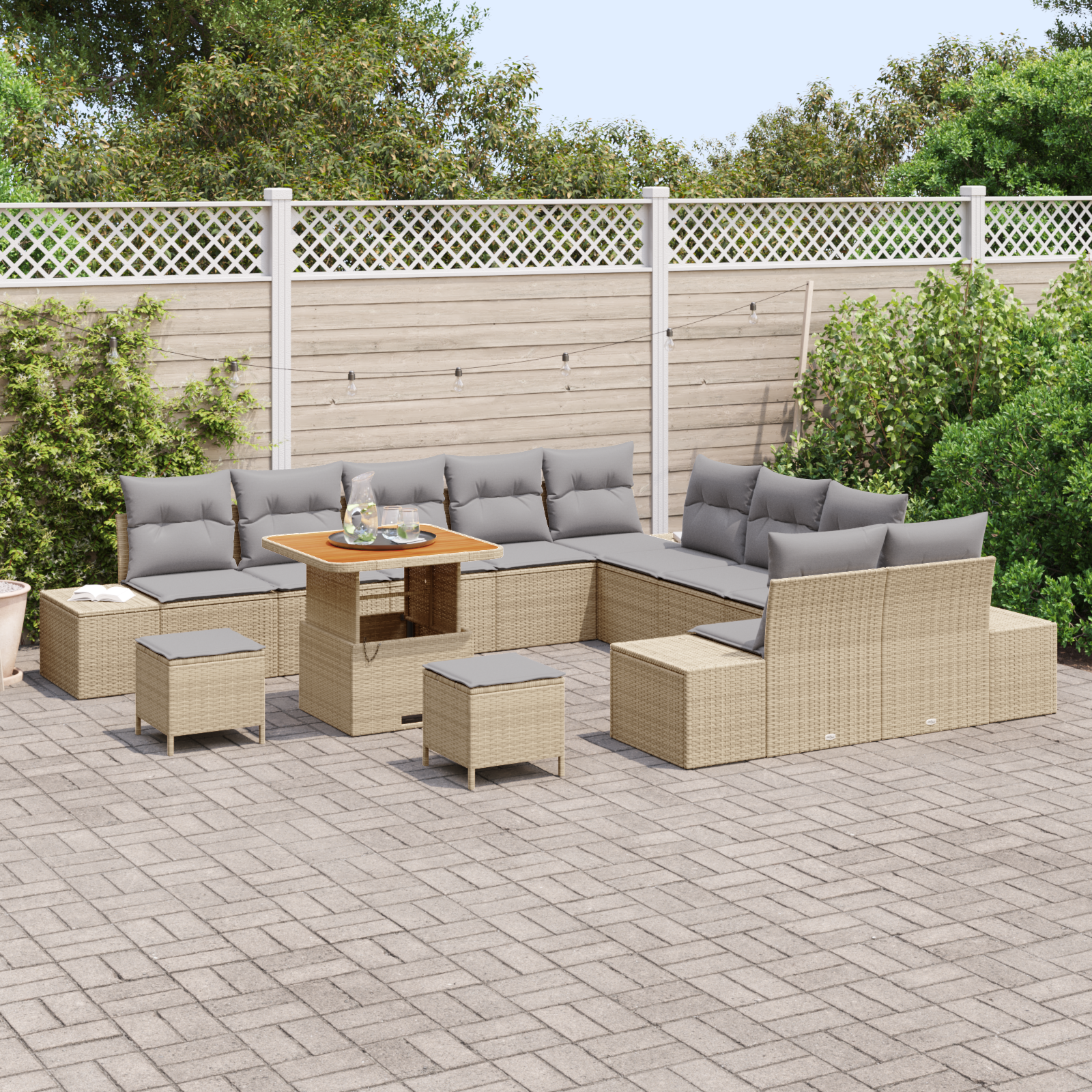 Set Divano Giardino 13 Pezzi con Cuscini Beige Polyrattan Acacia